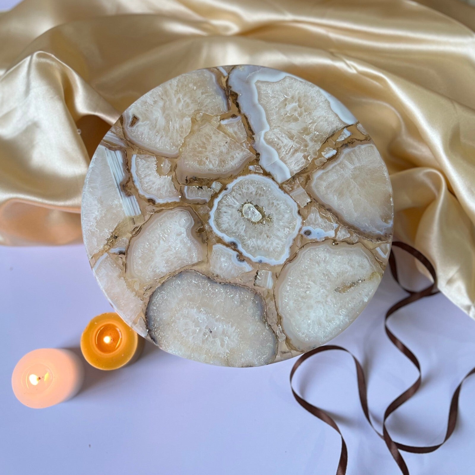 White Agate Cake Stand with Metal Base - 10 Inches