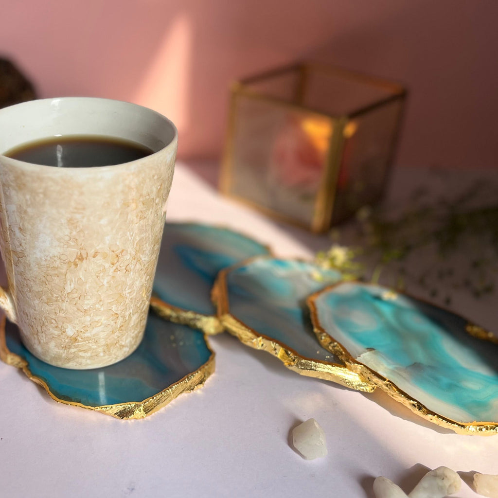 Turquoise  Natural Brazilian Agate Coaster With  Gold Plating