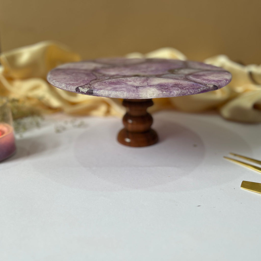 Purple Agate Cake Stand with Wooden Base - 10 Inches