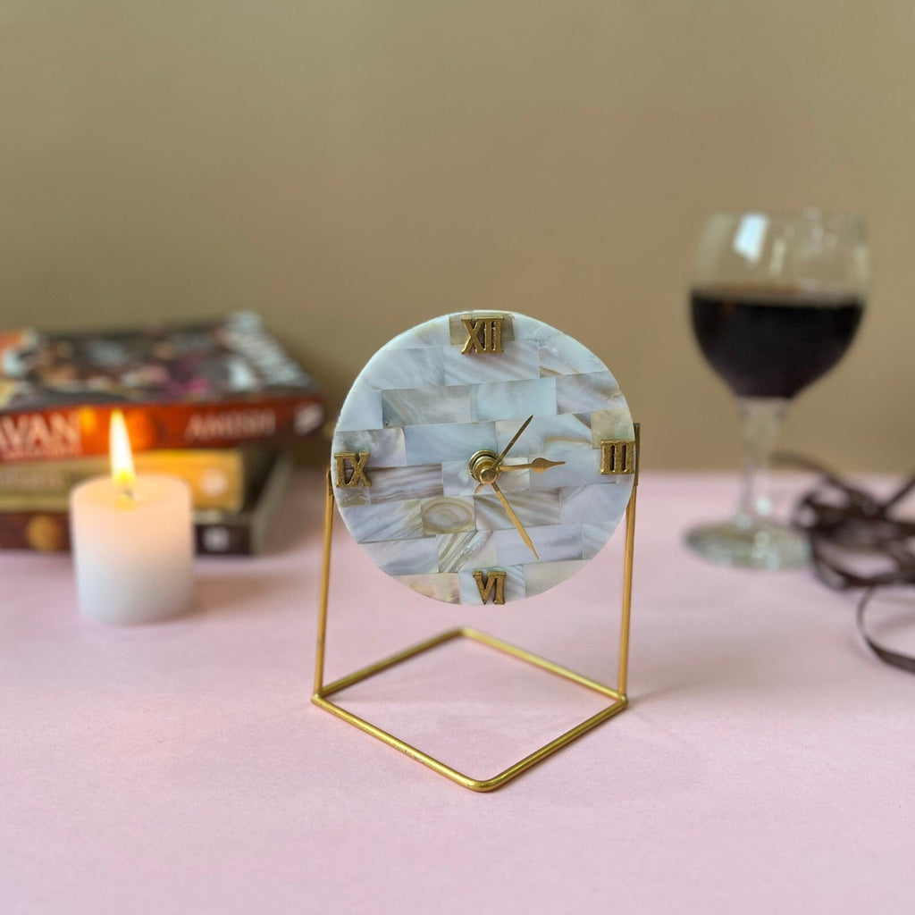 Round  Mother of Pearl Desktop Clock  With Metal Stand