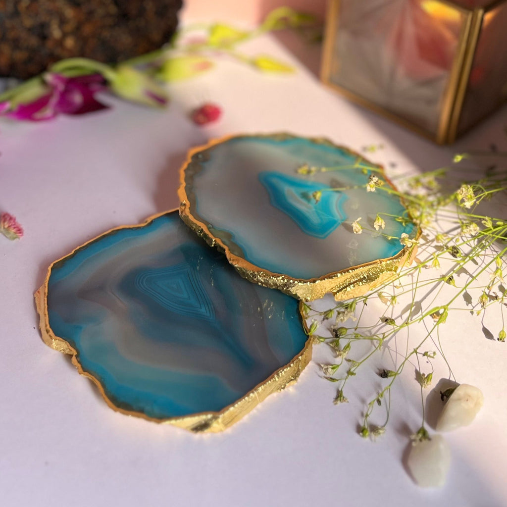 Blue  Natural Brazilian Agate Coaster With  Gold Plating
