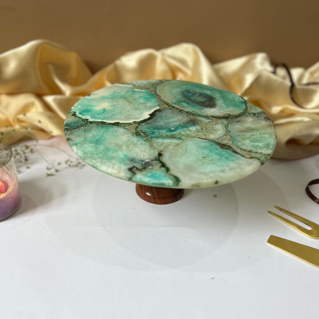 Green Agate Cake Stand with Wooden Base -  10 Inches