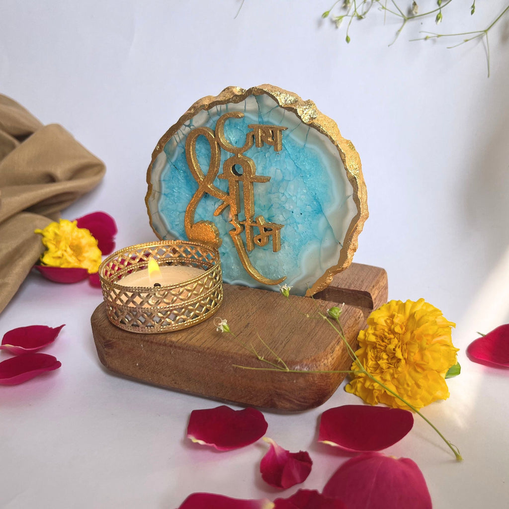 Jai Shree Ram Agate Tea Light Holder with Wood Stand