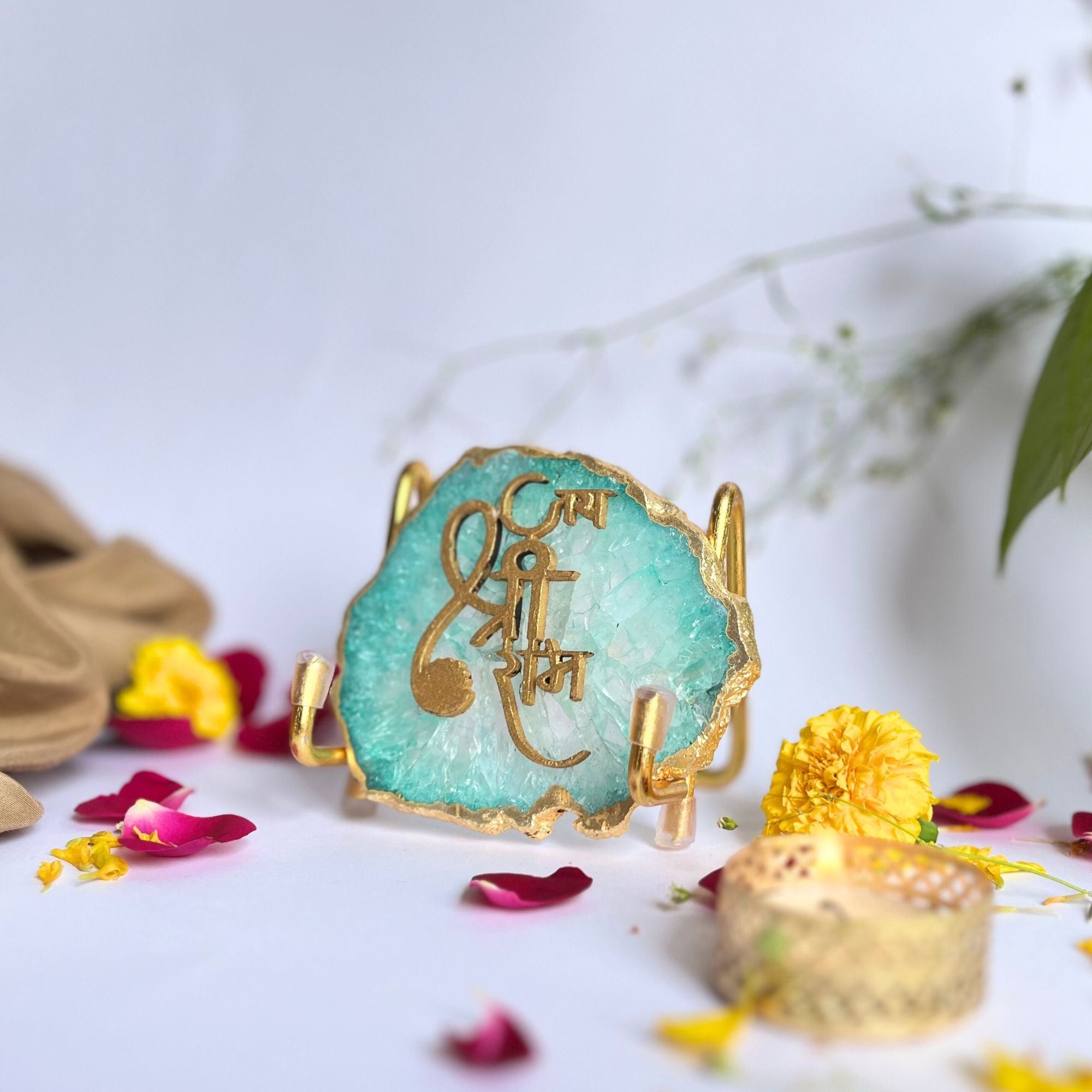 Jai Shree Ram Green Agate  with Metal Stand