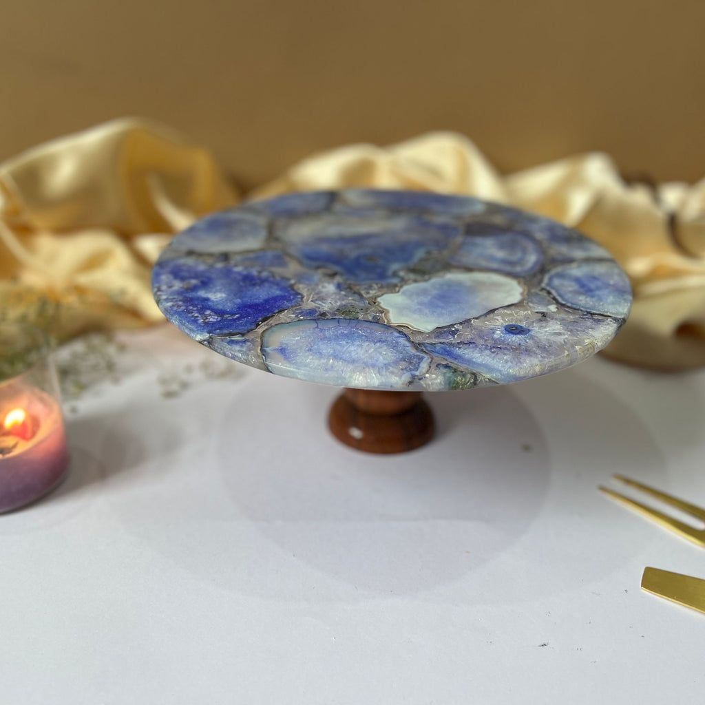 Green Agate Cake Stand with Wooden Base -  10 Inches