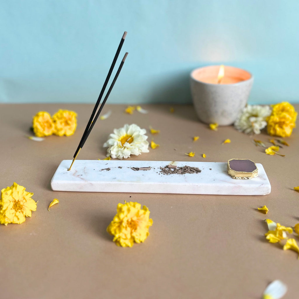 Marble Agarbatti Stand with Rose Quartz