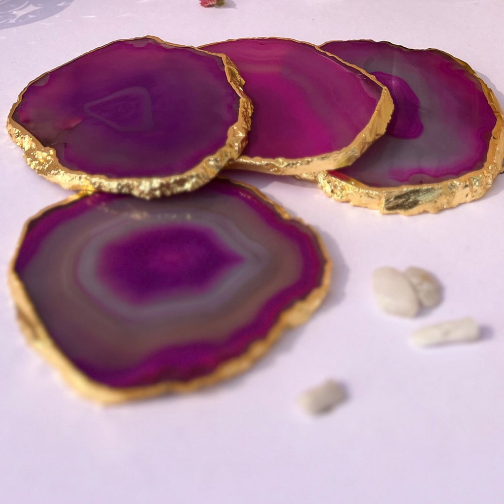 Purple  Natural Brazilian Agate Coaster With  Gold Plating