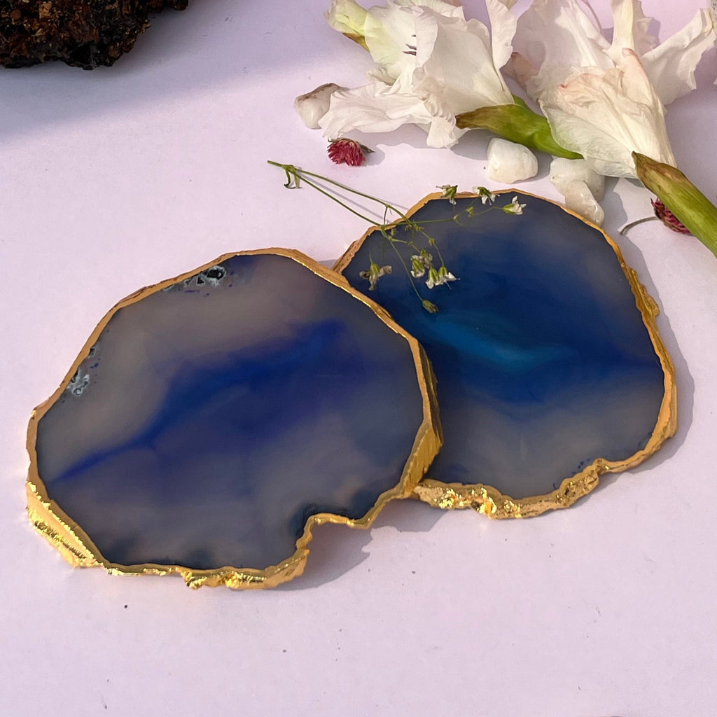 Turquoise  Natural Brazilian Agate Coaster With  Gold Plating