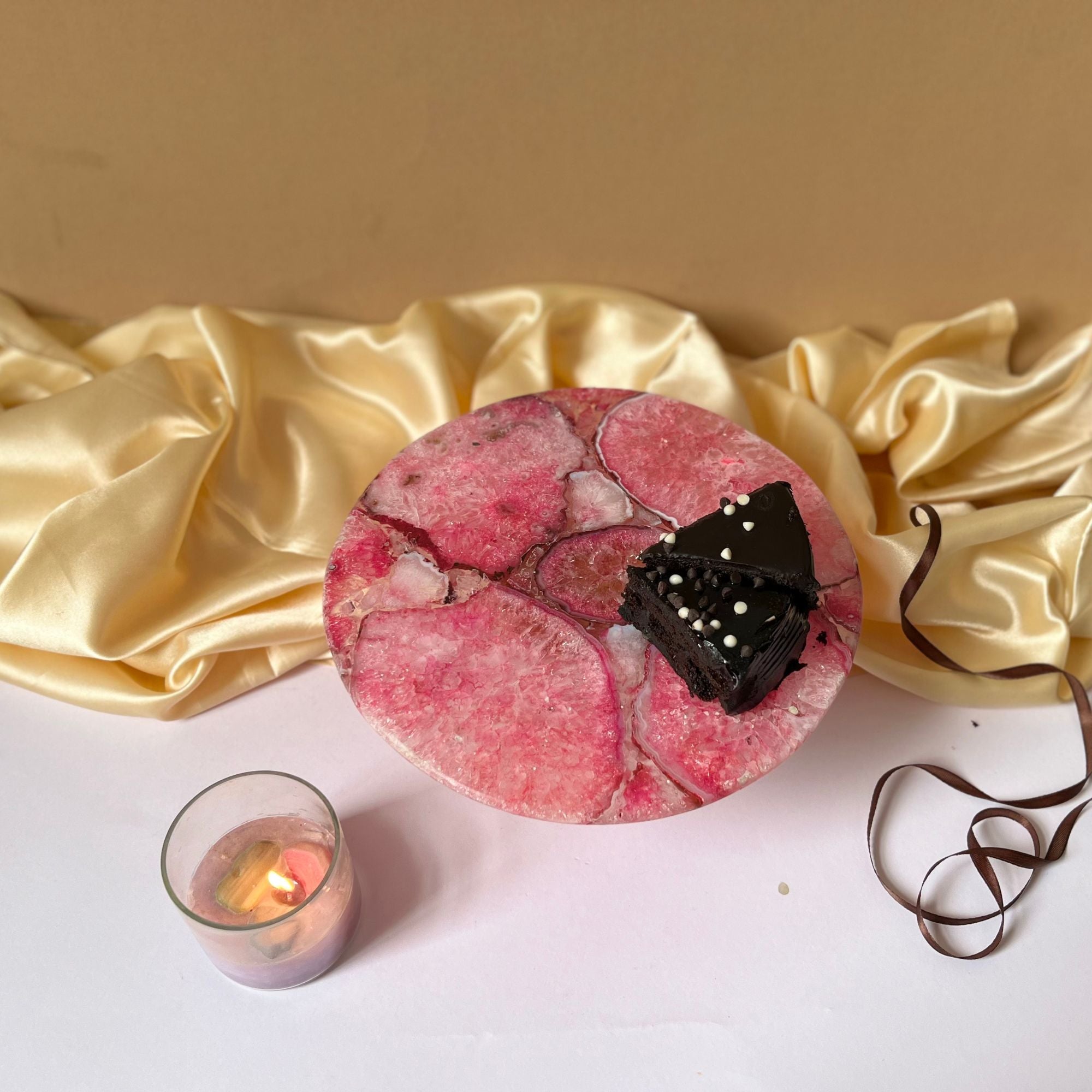 Pink Agate Cake Stand with Metal Base - 10 Inches
