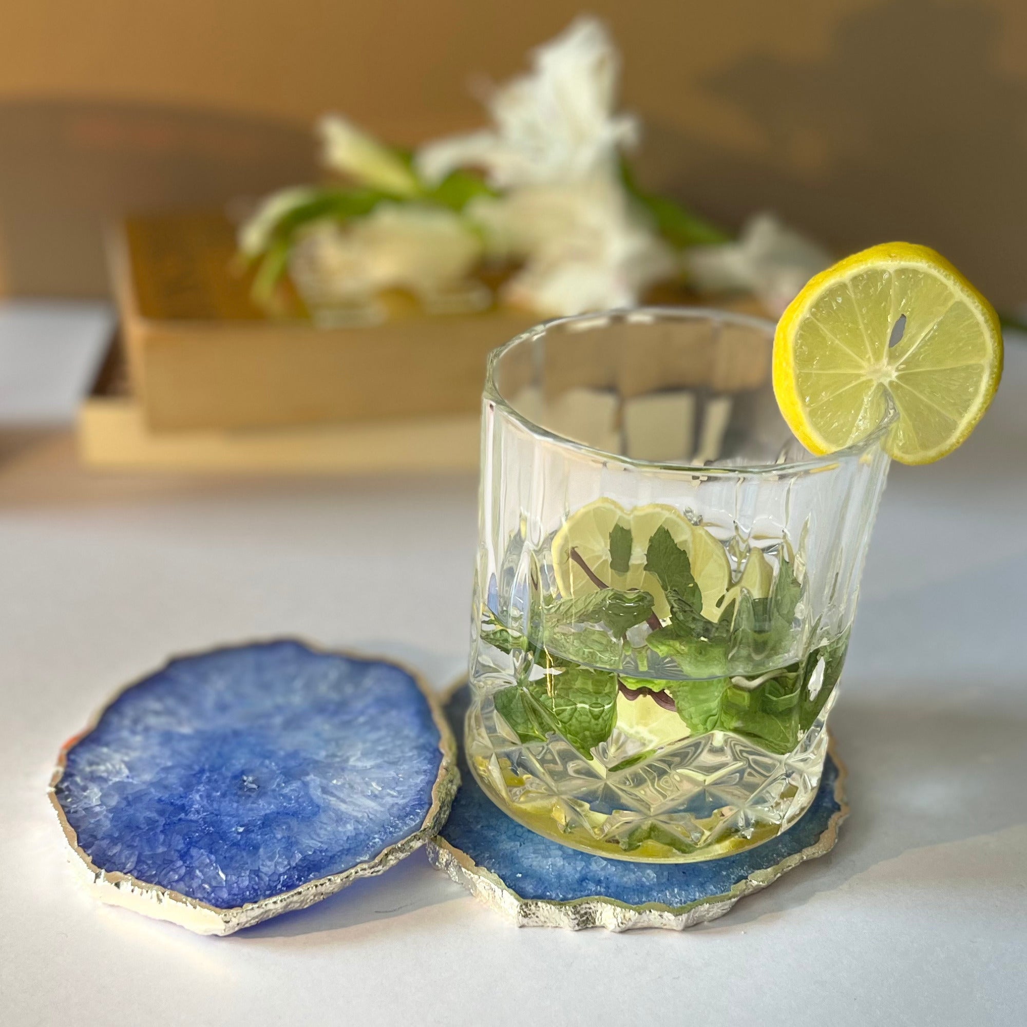 White  Crystal Agate Coaster With Silver Plating
