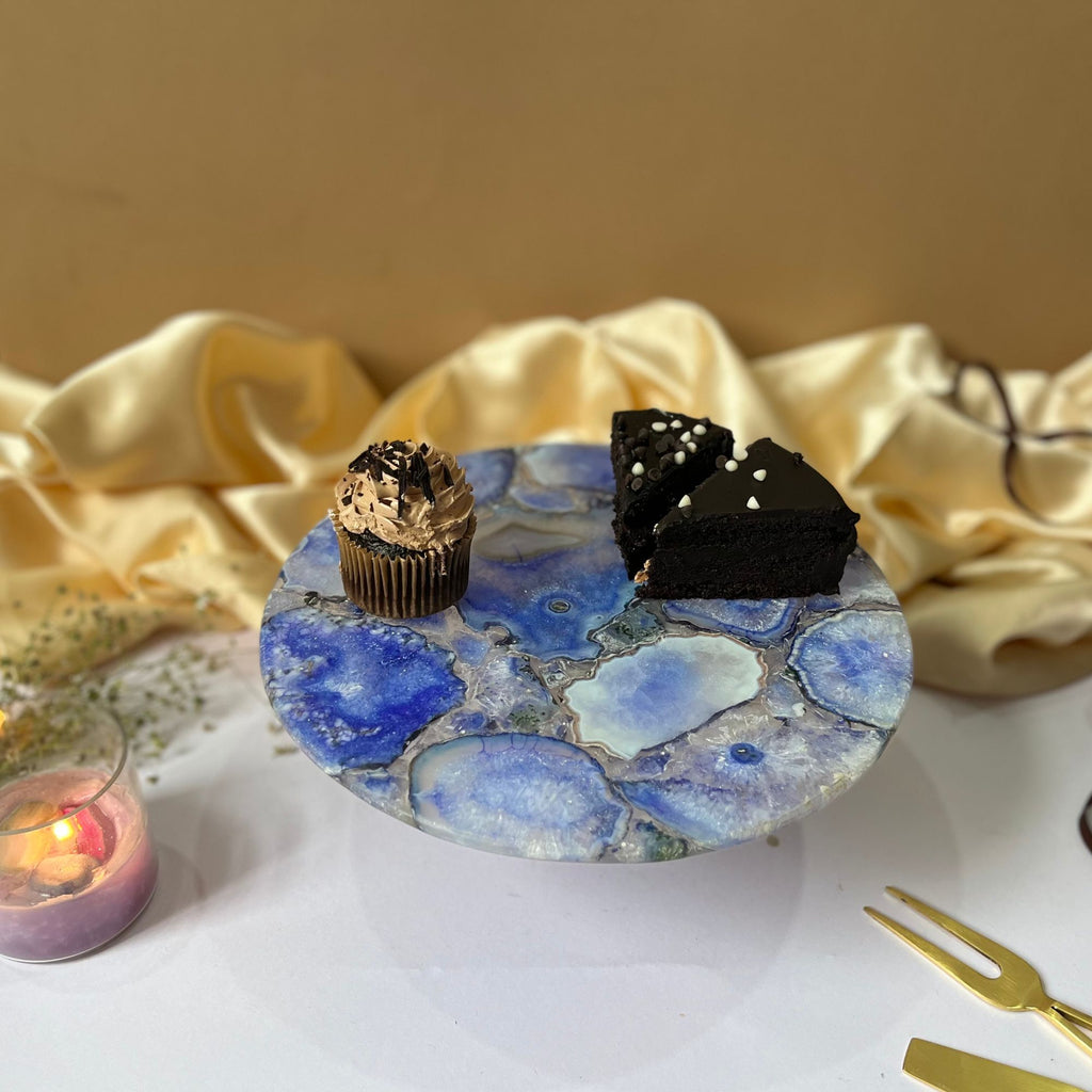 Blue Agate Cake Stand with Wooden Base -10 Inches