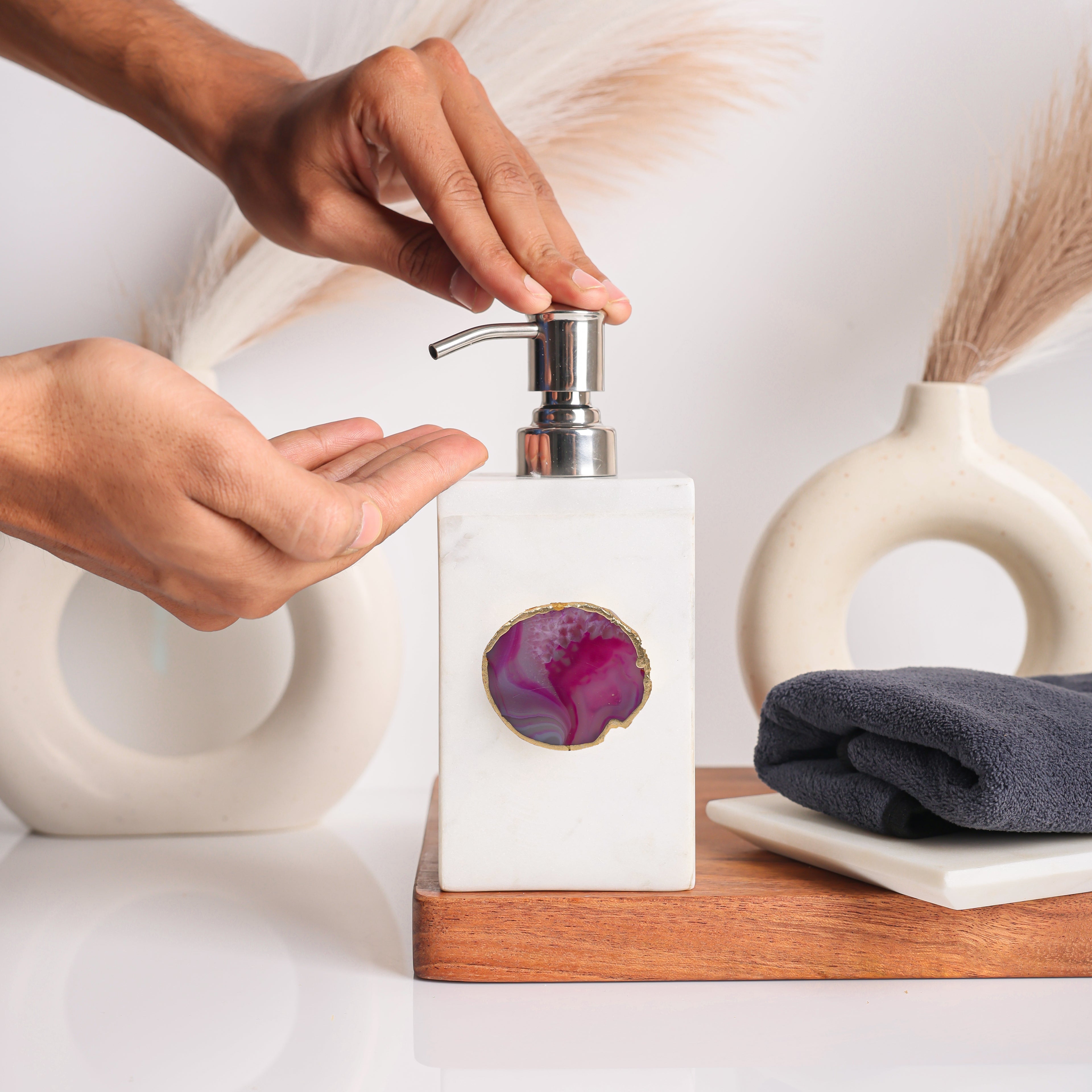 White Marble with Pink Agate Soap Dispenser