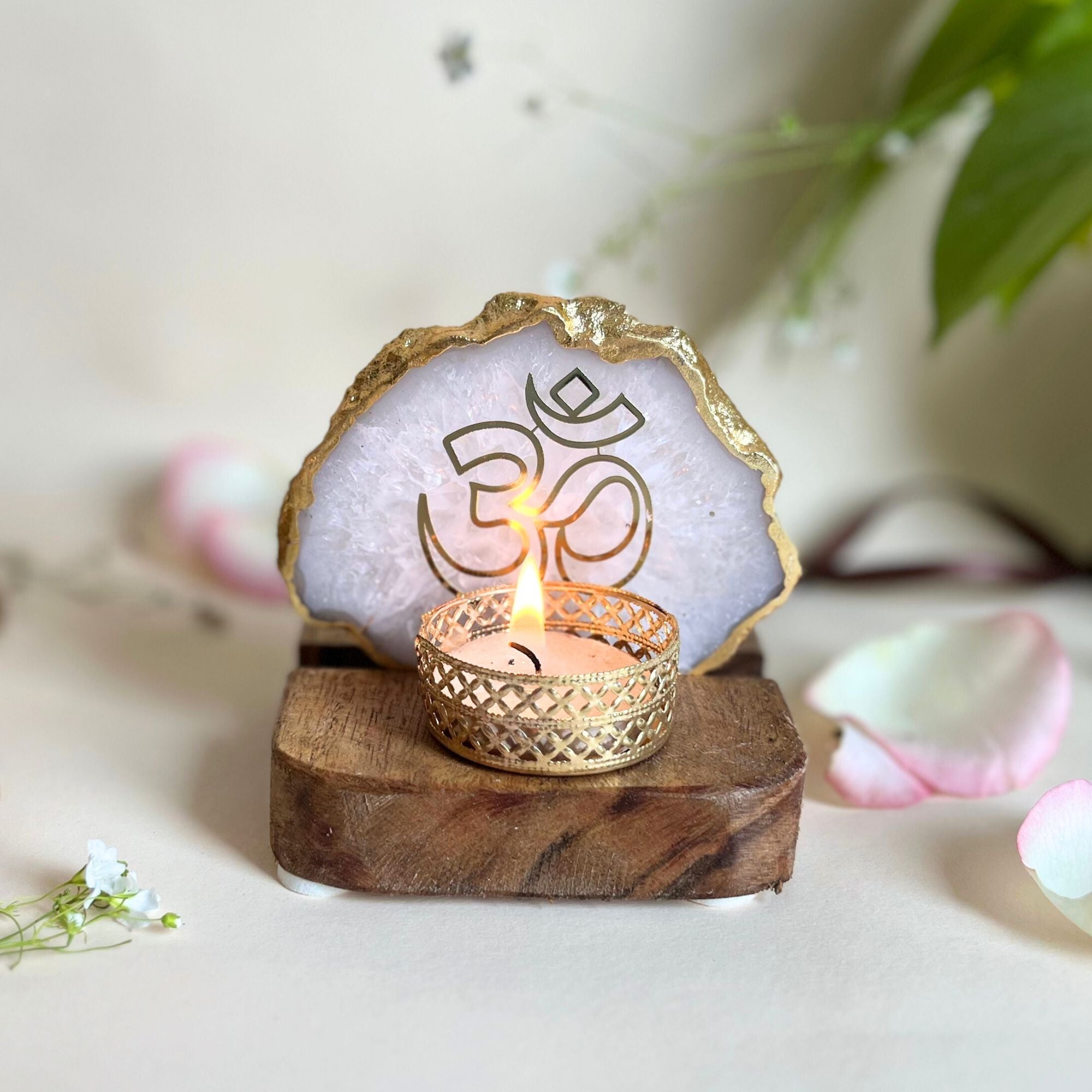 OM Agate Tea Light Holder with Wood Stand