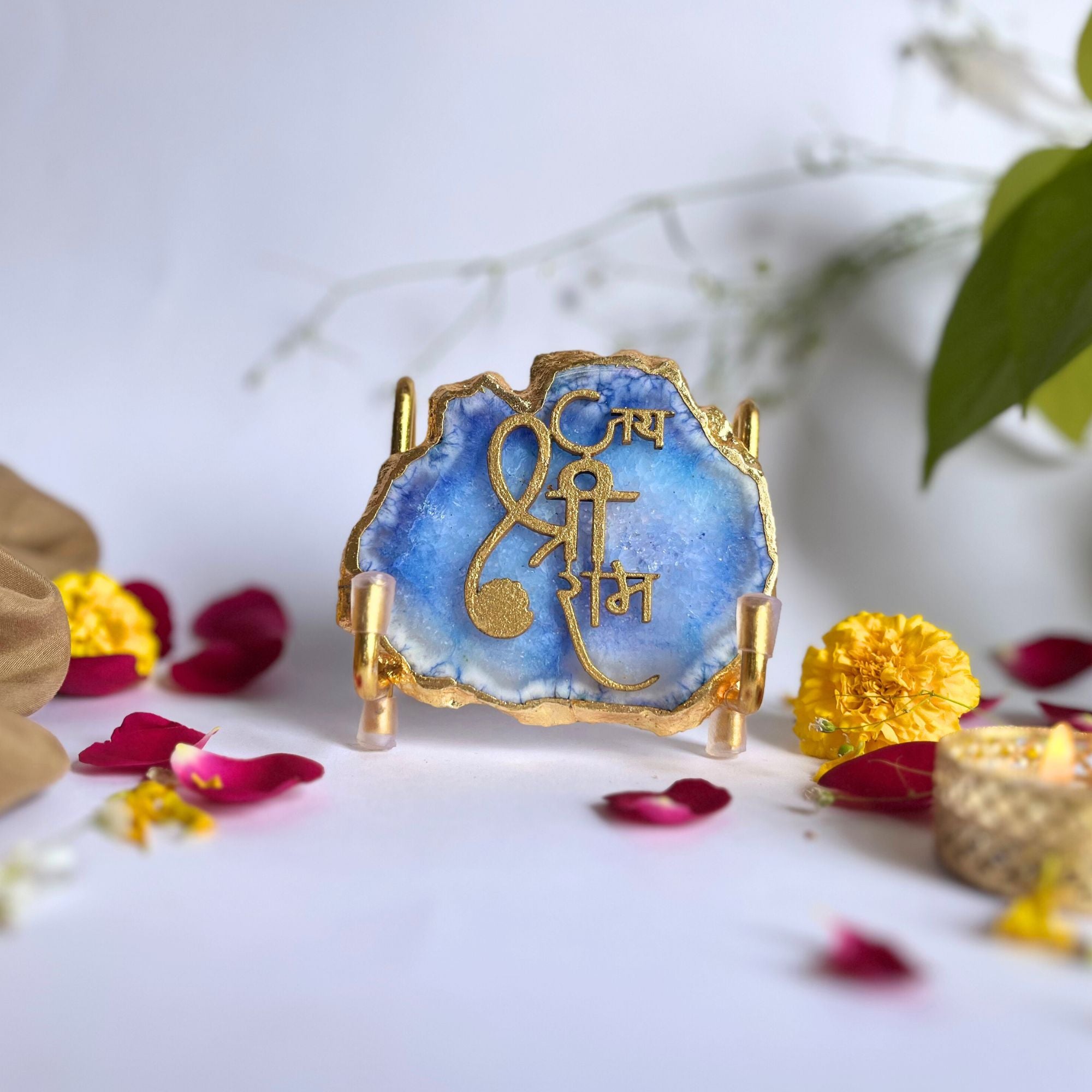 Jai Shree Ram Blue Agate  with Metal Stand