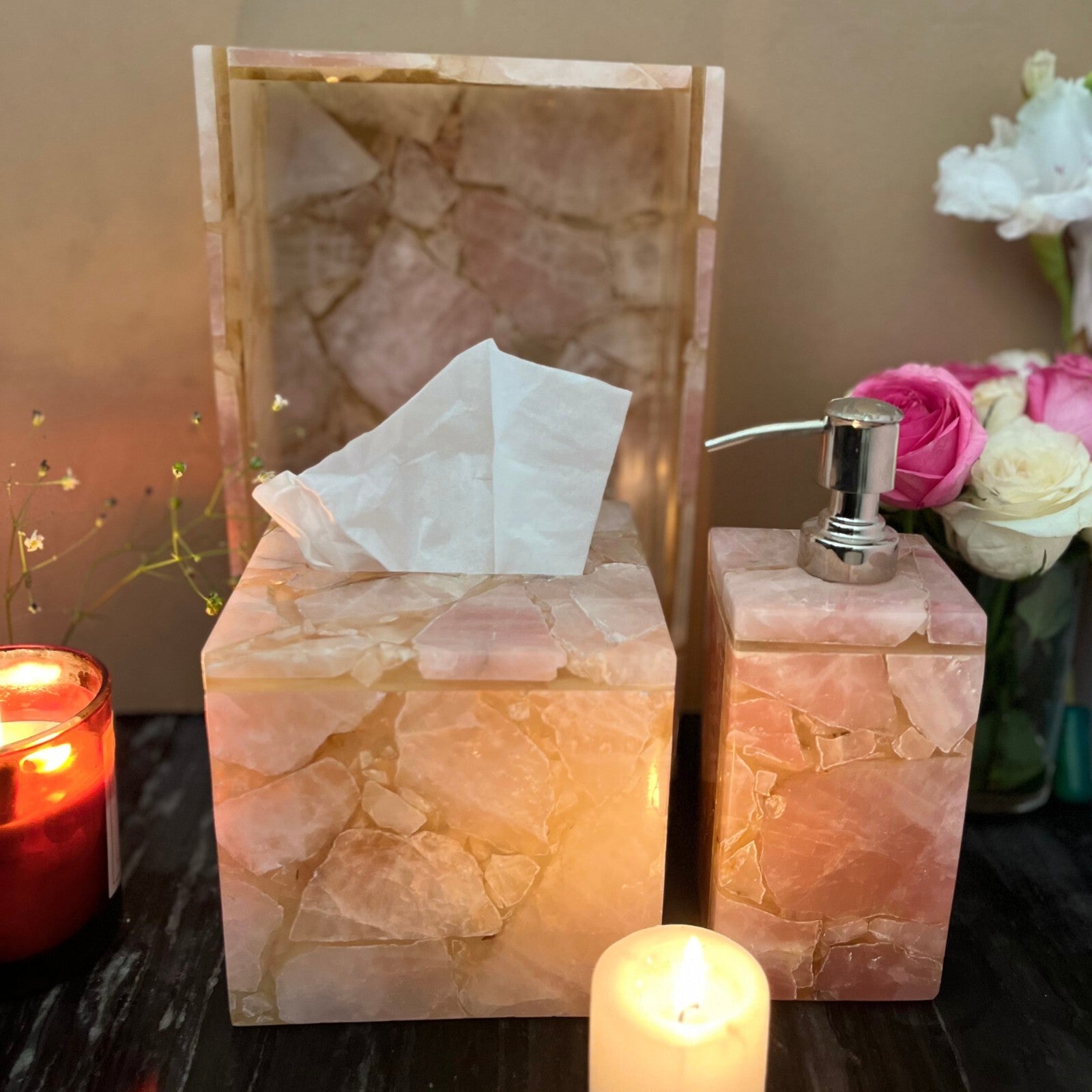 Rose Quartz Vanity Set  ( Set of 3 )