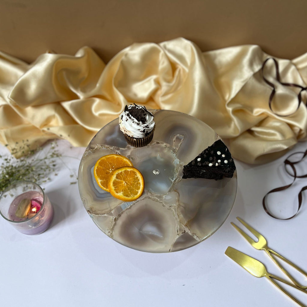 Natural Agate Cake Stand with Wooden Base - 10 Inches