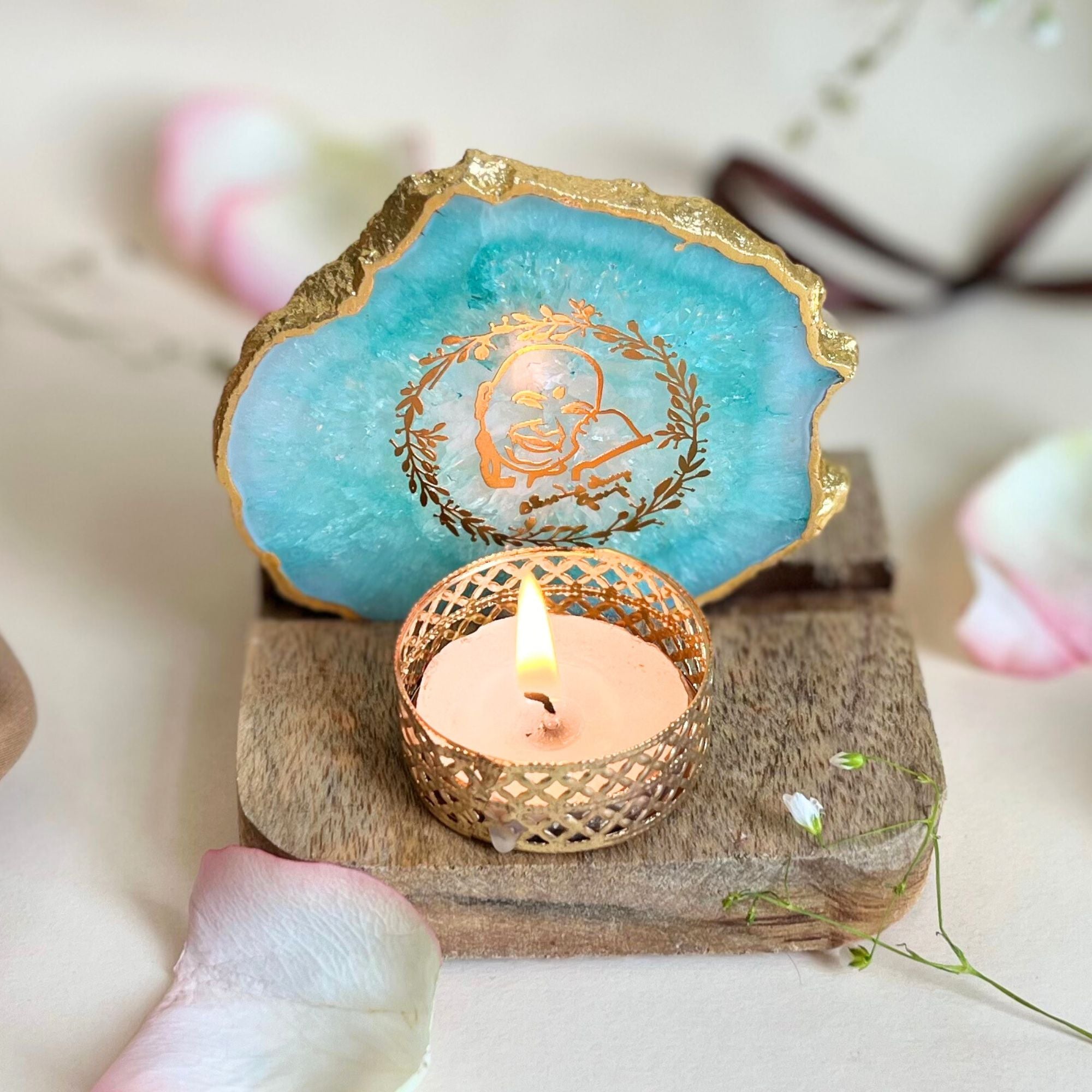 GURU JEE Agate Tea Light Holder with Wood Stand