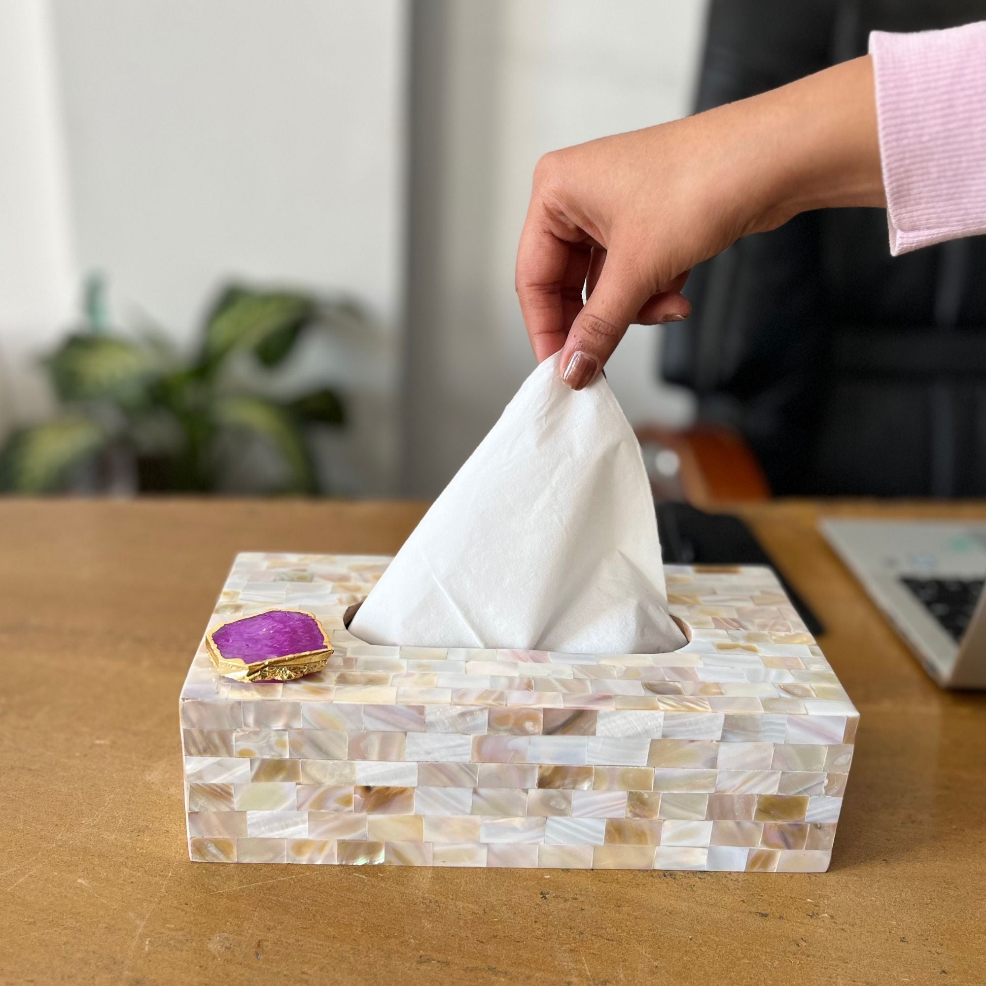 Pink Agate with  Mother of Pearl Tissue Box Holder