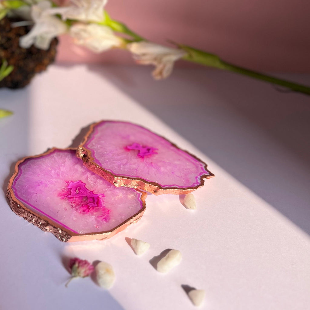 Pink  Crystal Agate Coaster With Rose Gold Plating