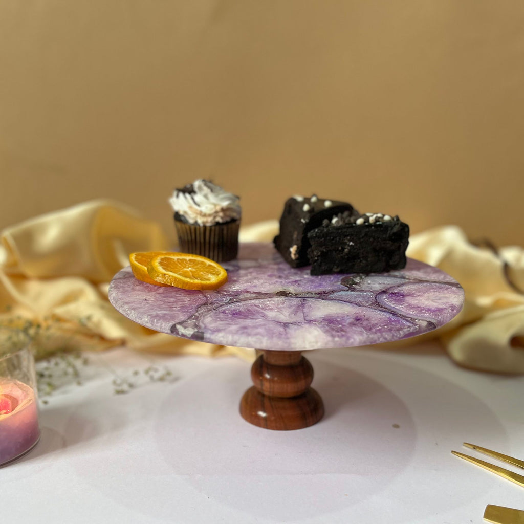 Purple Agate Cake Stand with Wooden Base - 10 Inches
