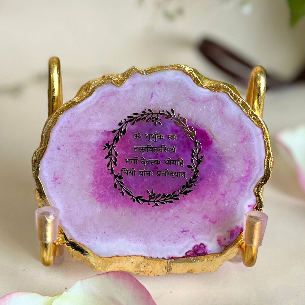 Gayatri Mantra with Pink Agate Metal Stand