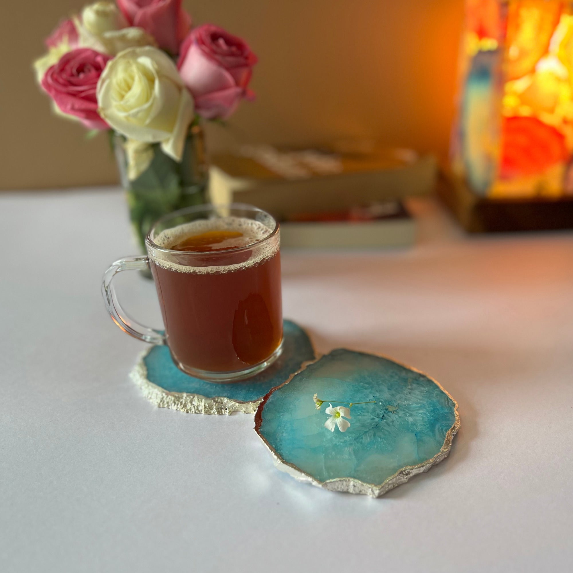 Blue  Crystal Agate Coaster With Silver Plating