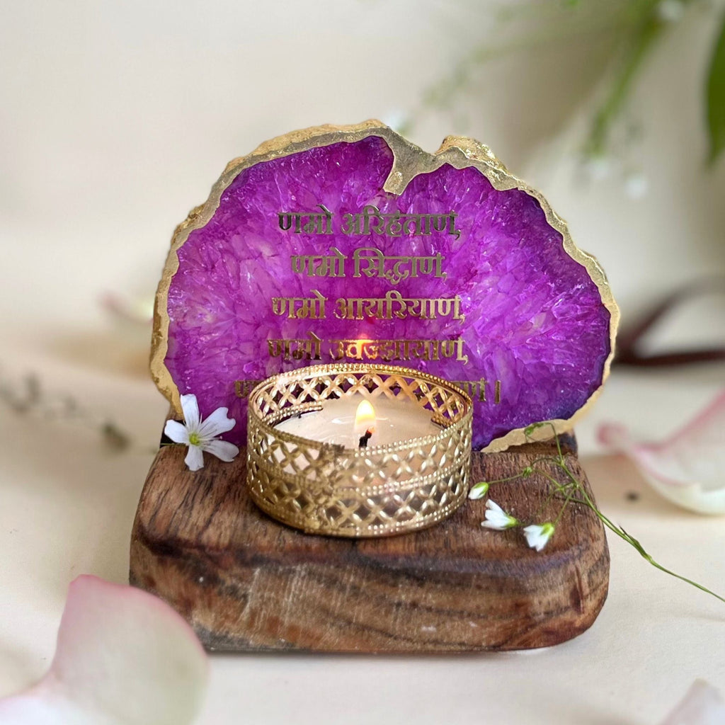 Namokar Mantra Agate Tea Light Holder  with Wood Stand