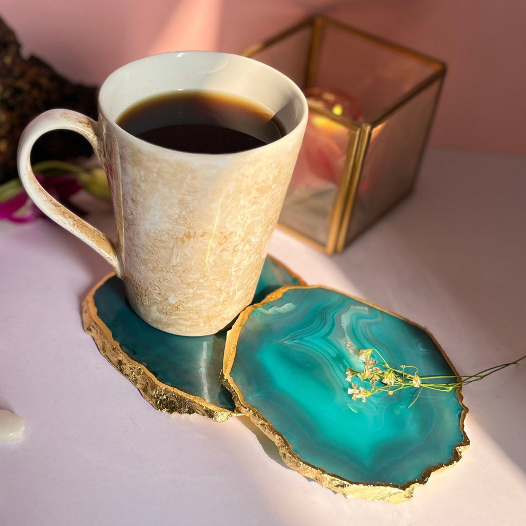 Pink  Natural Brazilian Agate Coaster With  Gold Plating