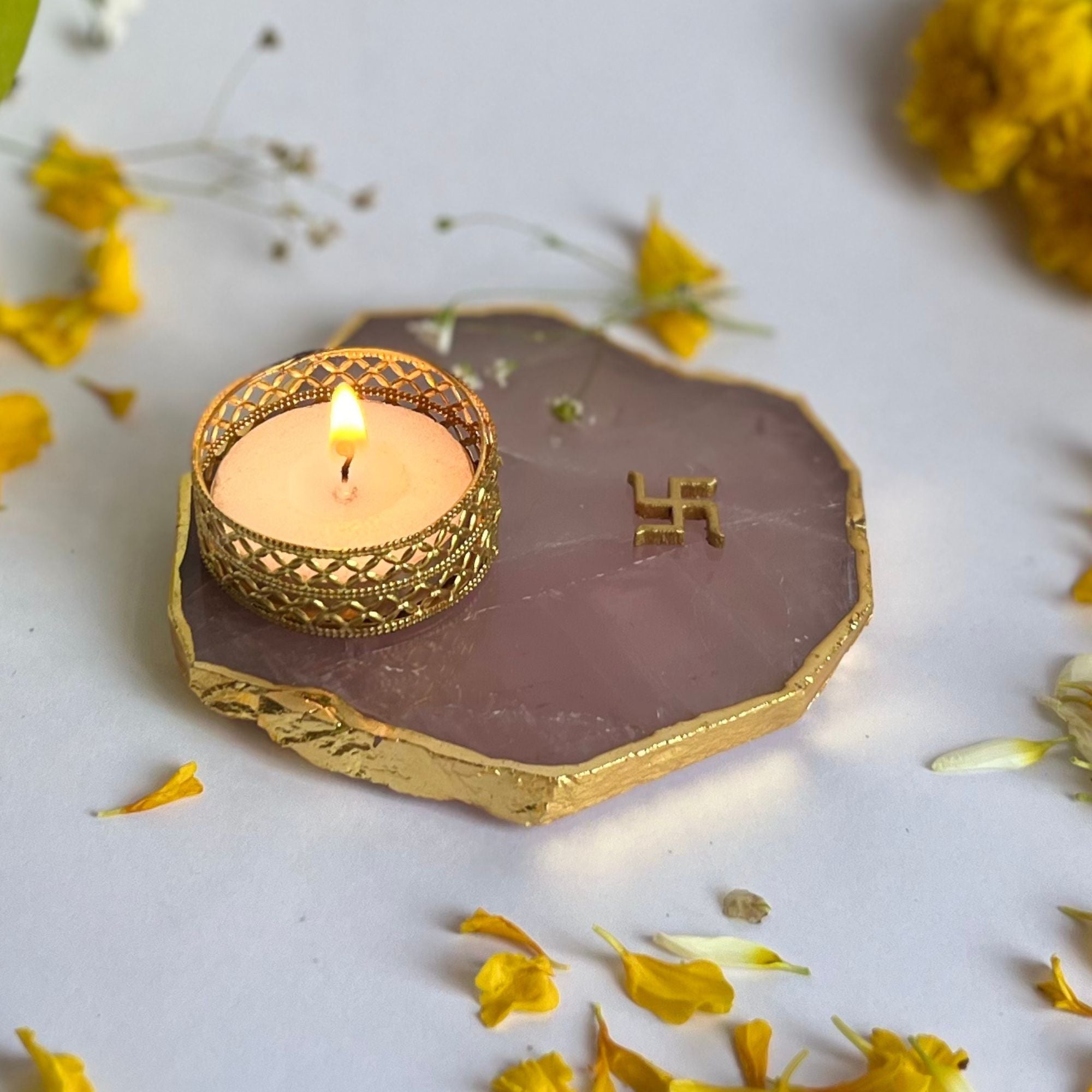 Swastika Agate Tea Light Candle Holder, Diwali Decor