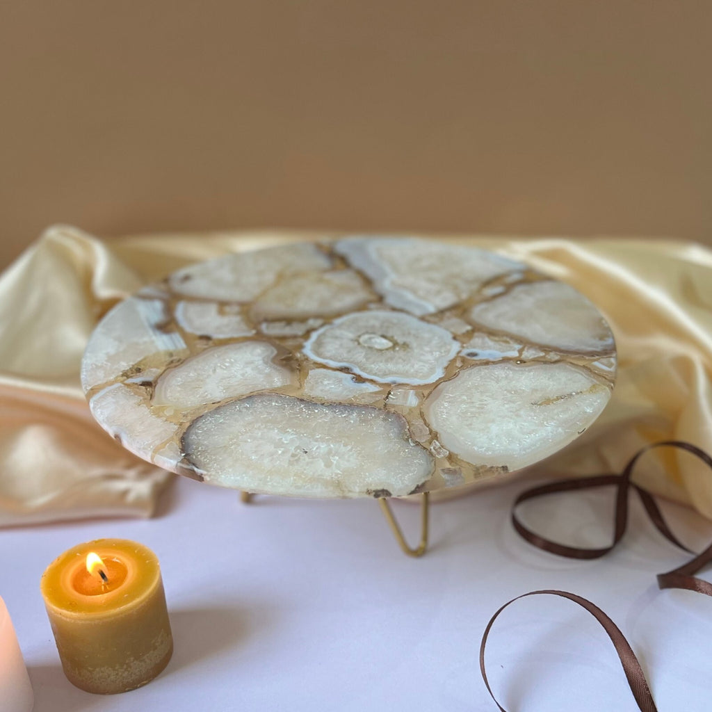 White Agate Cake Stand with Metal Base - 10 Inches