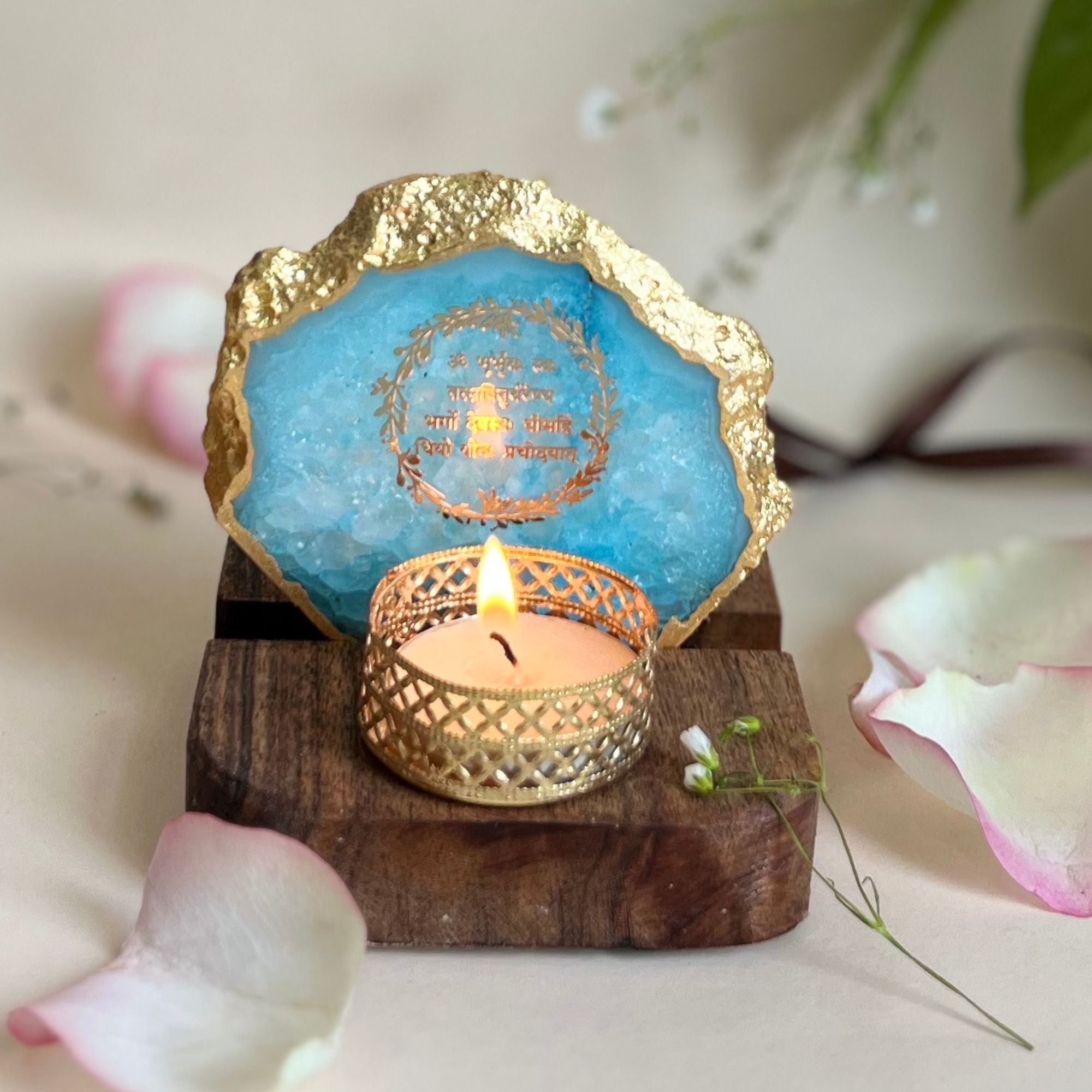 Gayatri mantra Agate Tea Light Holder  with Wood Stand