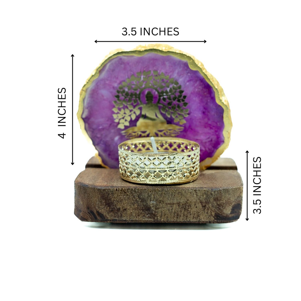Budha Tree Pink Agate Tealight Wooden