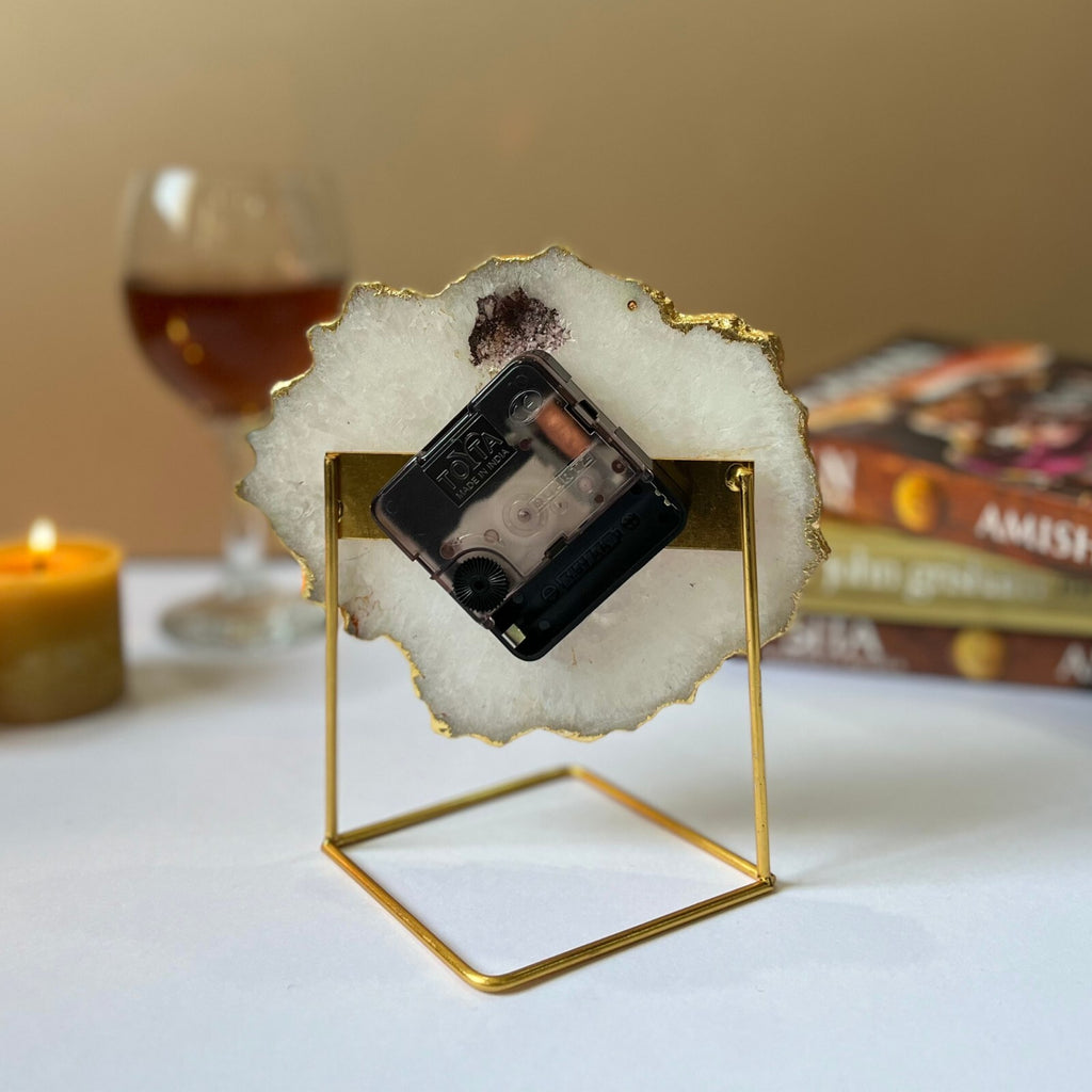 White Crystal Agate Desktop Clock With Metal Stand