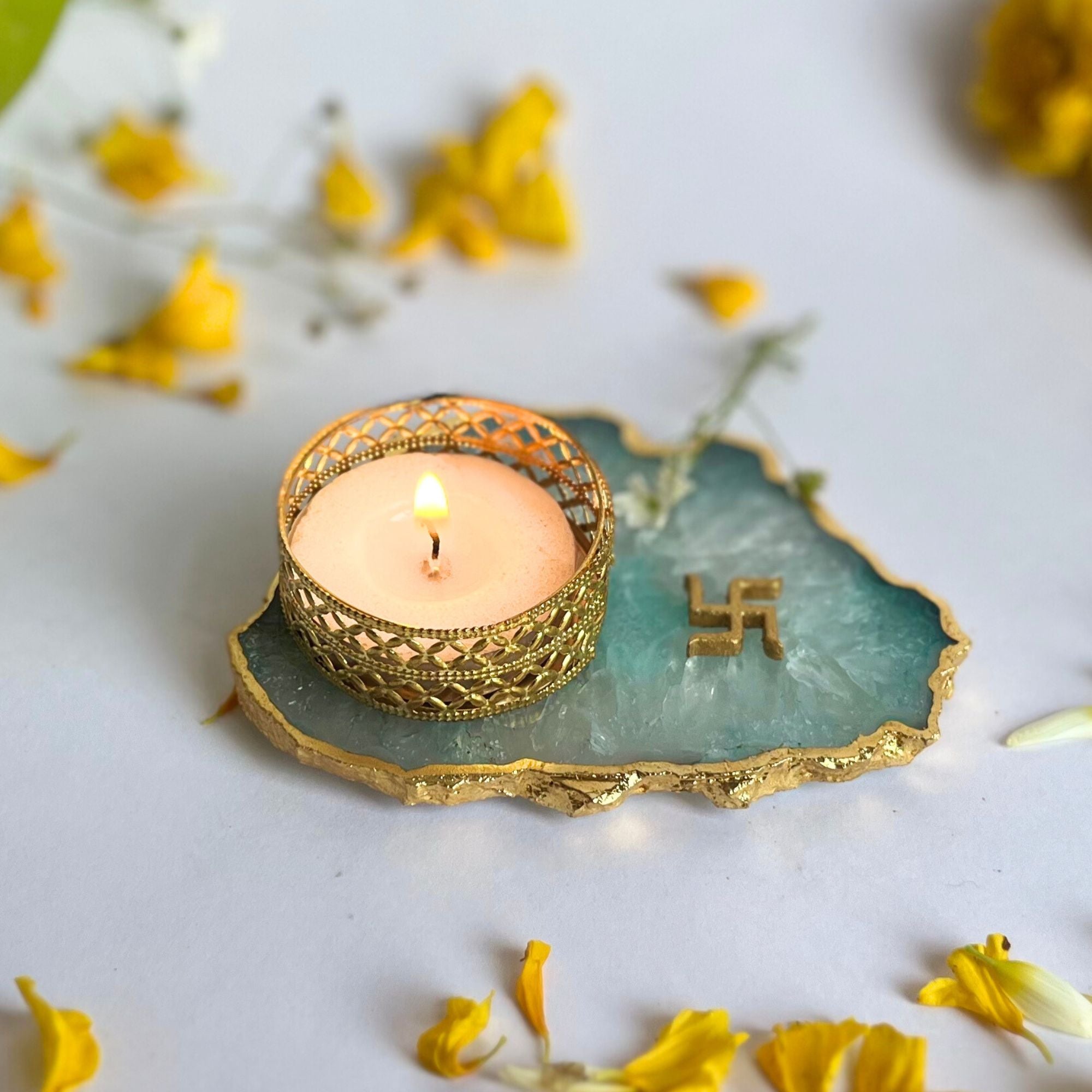 Swastika Agate Tea Light Candle Holder, Diwali Decor