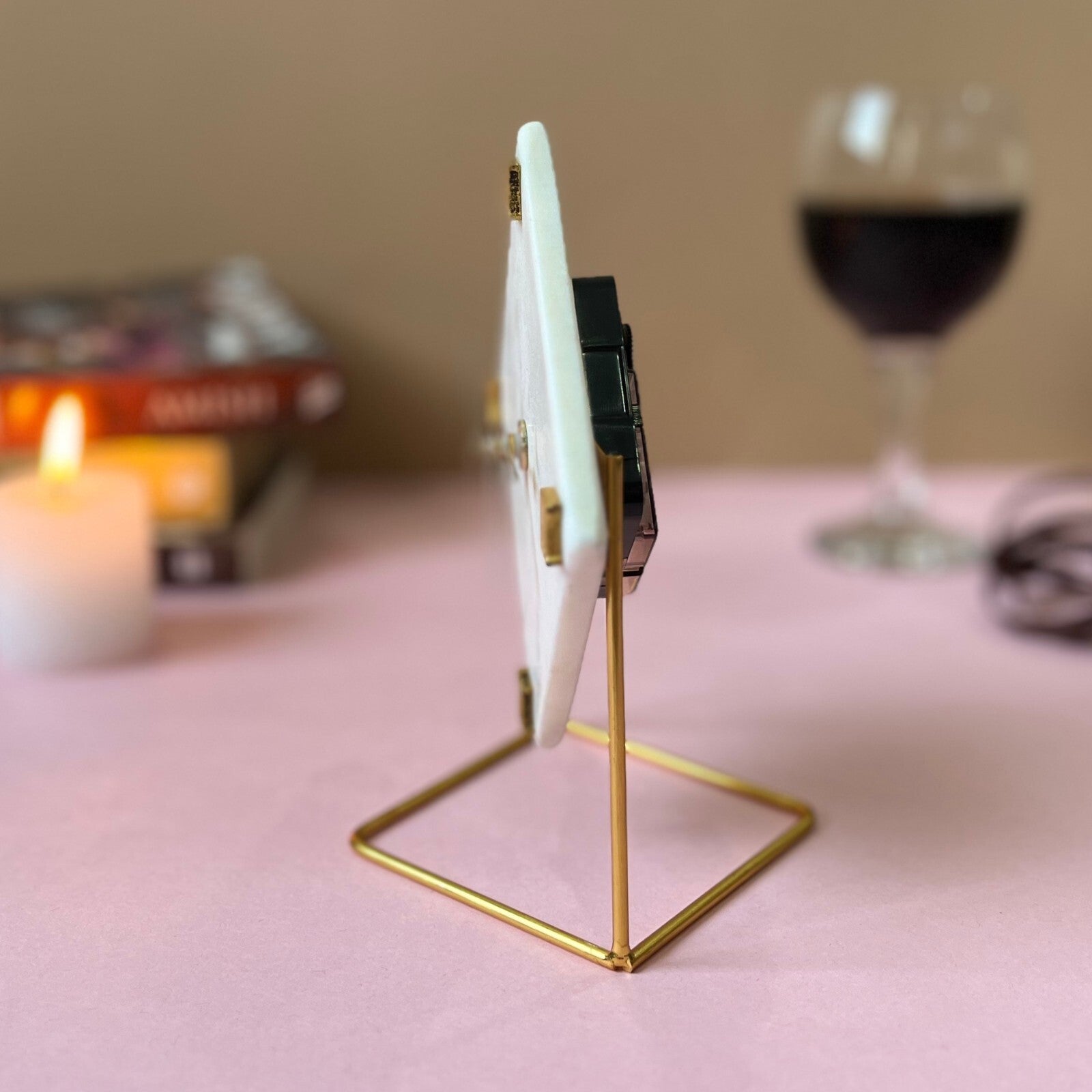 Hexagonal Marble Desktop Clock  With Metal Stand