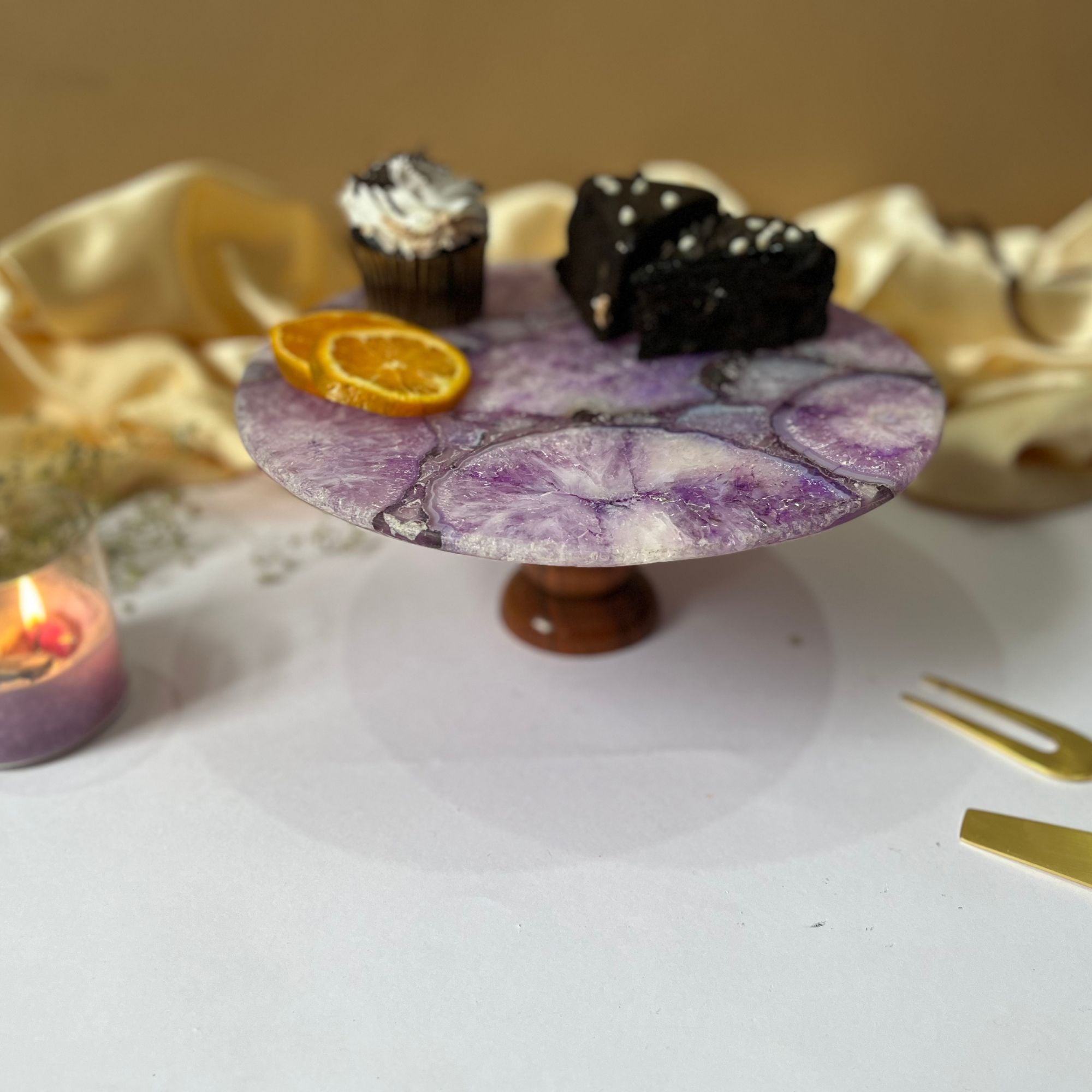Purple Agate Cake Stand with Wooden Base - 10 Inches