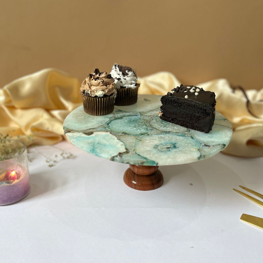 Purple Agate Cake Stand with Wooden Base - 10 Inches