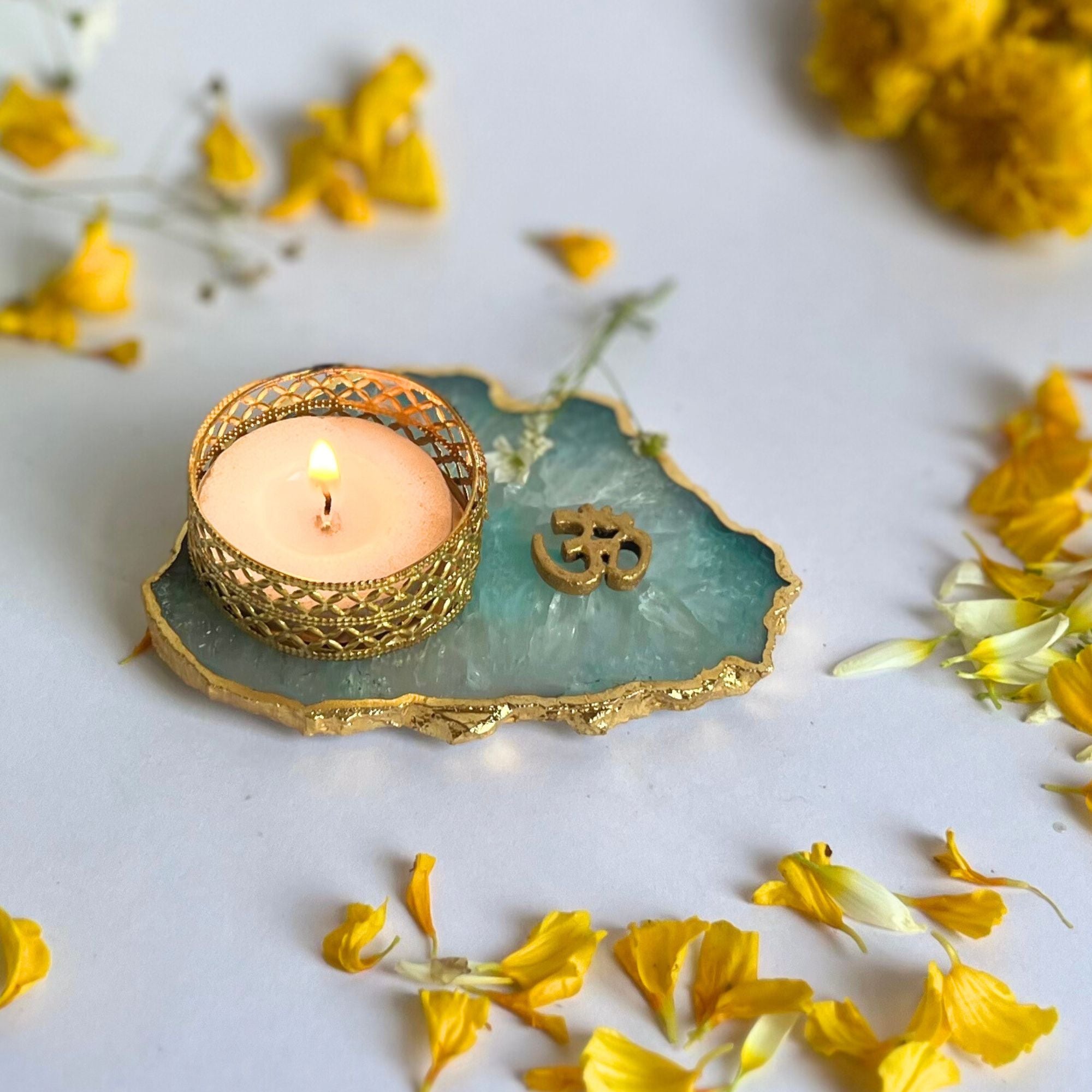 Om Agate Tea Light Candle Holder, Diwali Decor