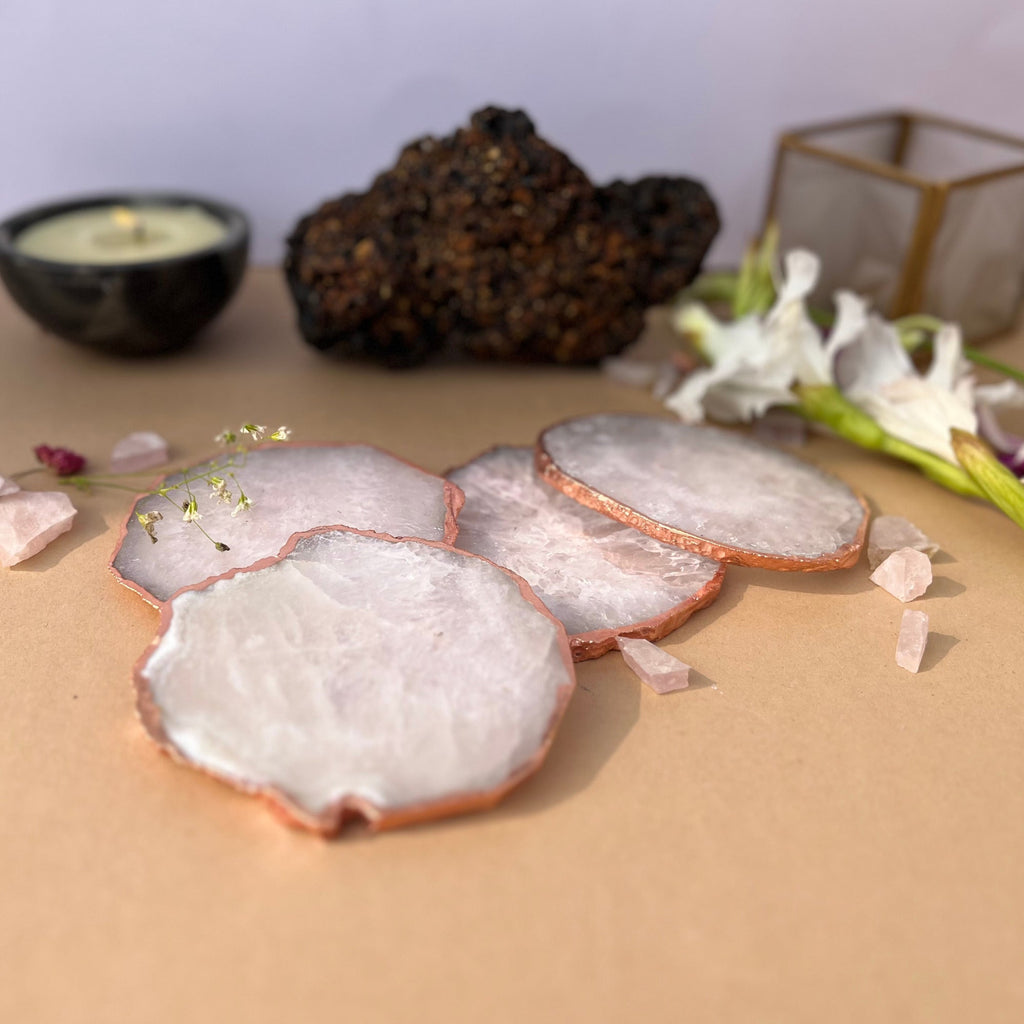 White  Crystal Agate Coaster With Rose Gold Plating