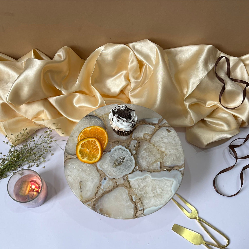 White Agate Cake Stand with Wooden Base - 10 Inches