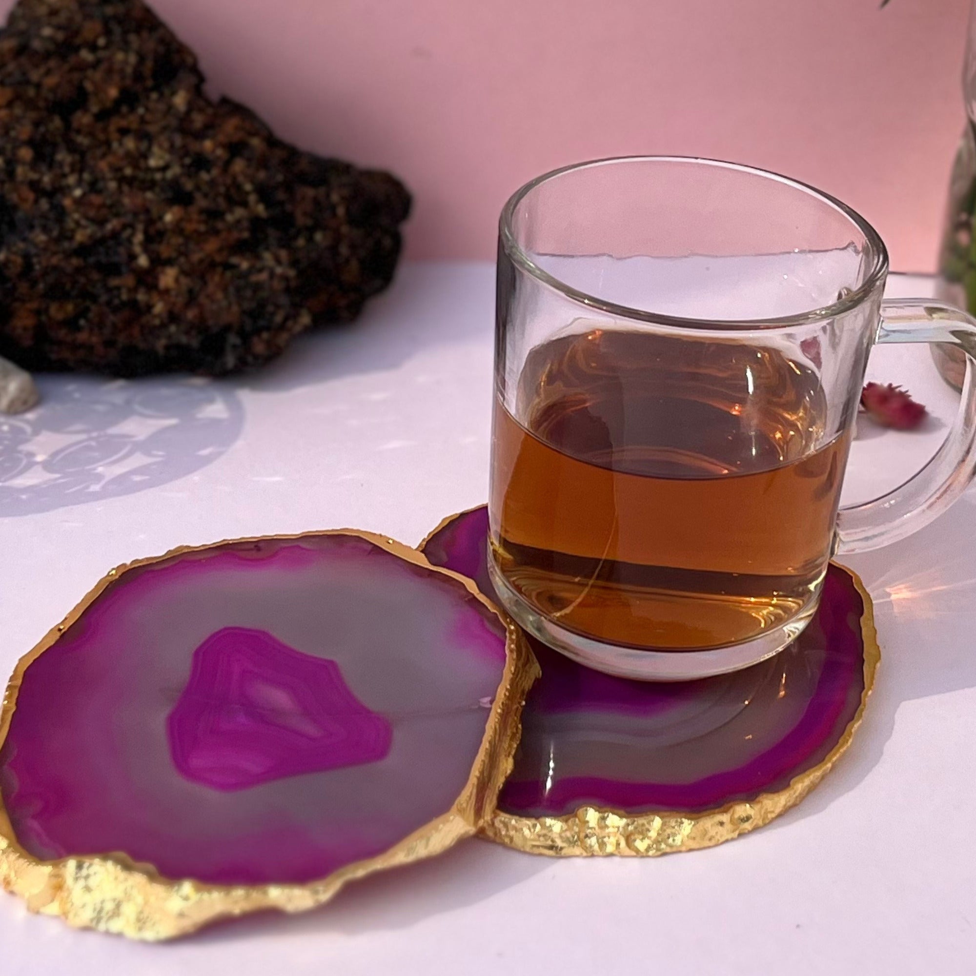 Turquoise  Natural Brazilian Agate Coaster With  Gold Plating