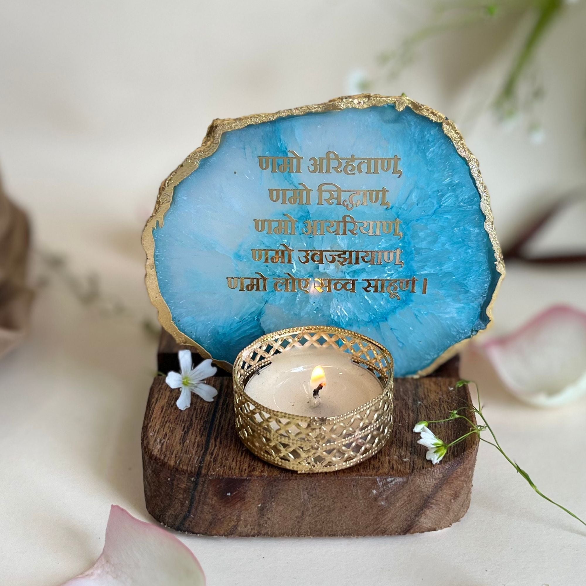 Namokar Mantra Agate Tea Light Holder  with Wood Stand
