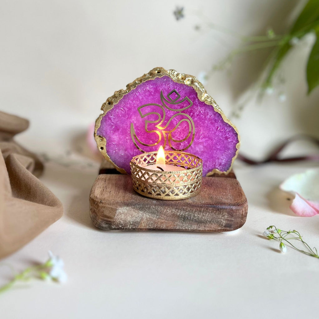 OM Agate Tea Light Holder with Wood Stand