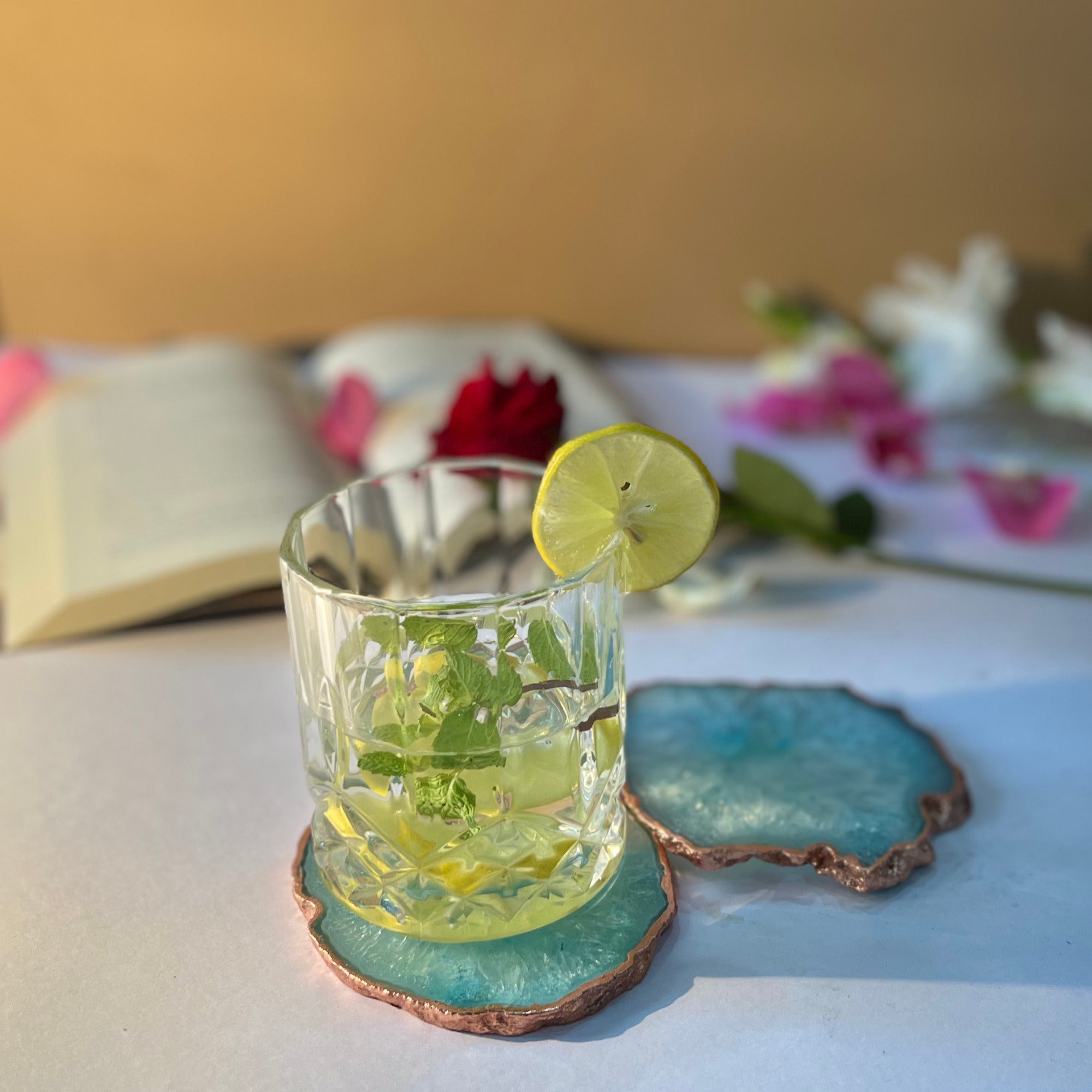 Blue  Crystal Agate Coaster With Rose Gold Plating