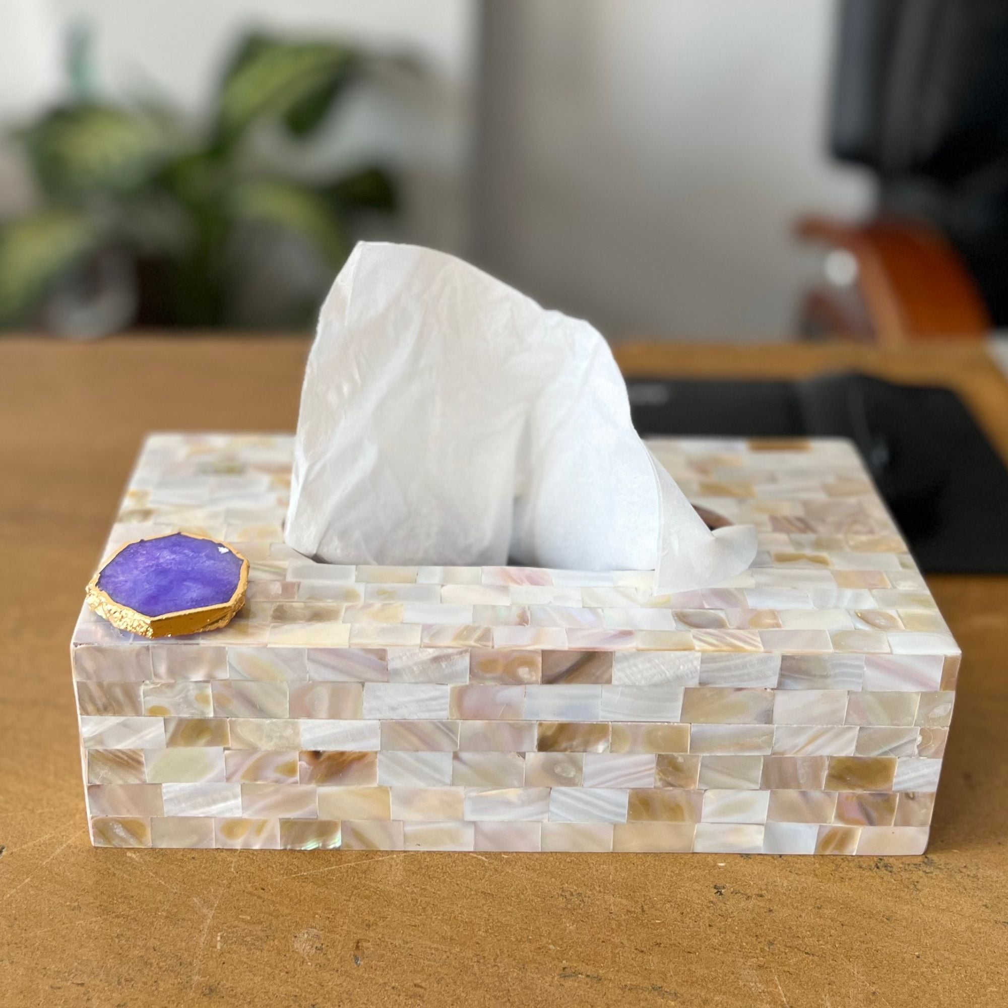 Green Agate with  Mother of Pearl Tissue Box Holder