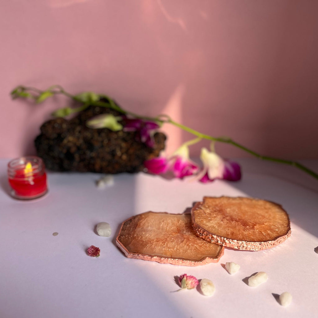 Brown  Crystal Agate Coaster With Rose Gold Plating