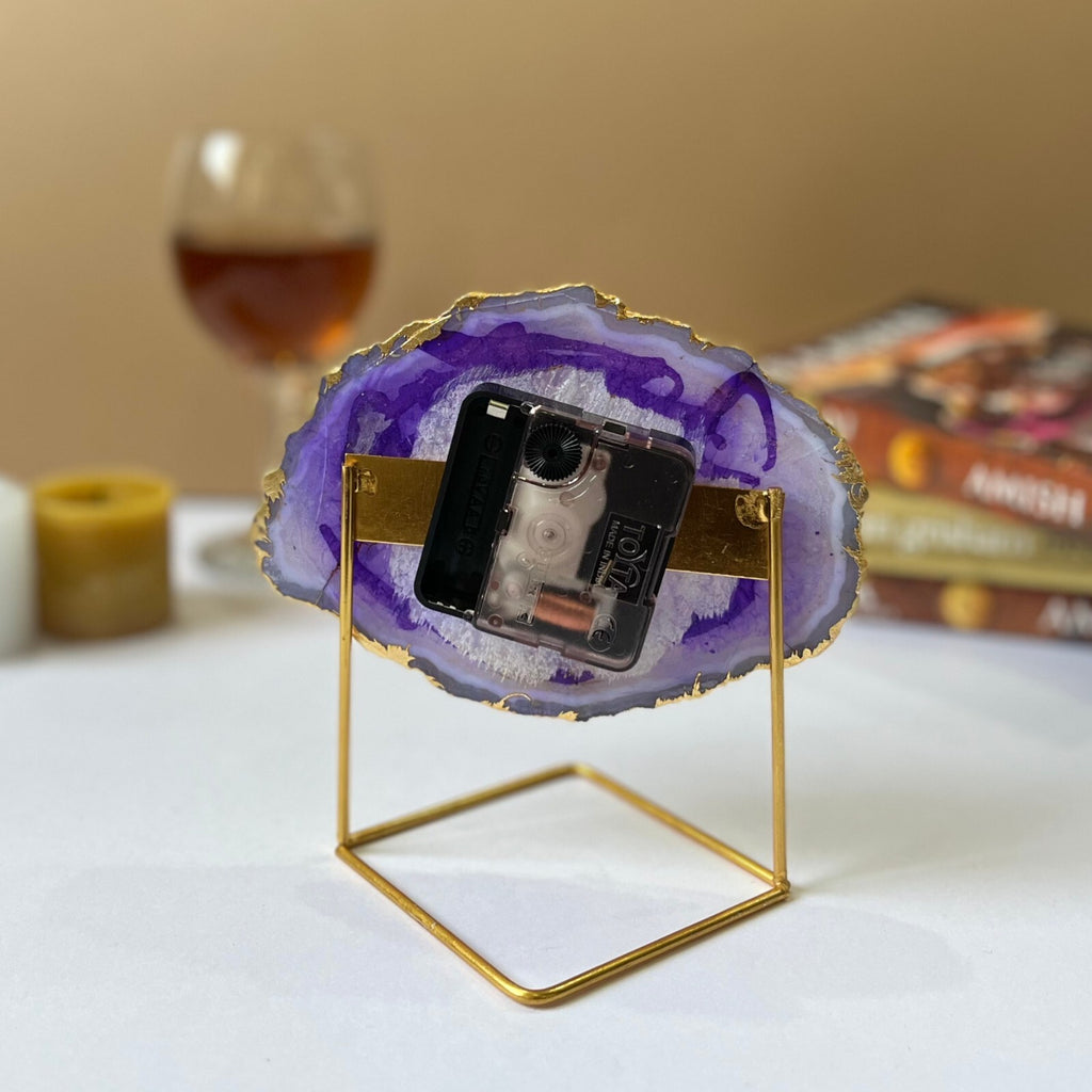 Purple Crystal Agate Desktop Clock with Metal Stand