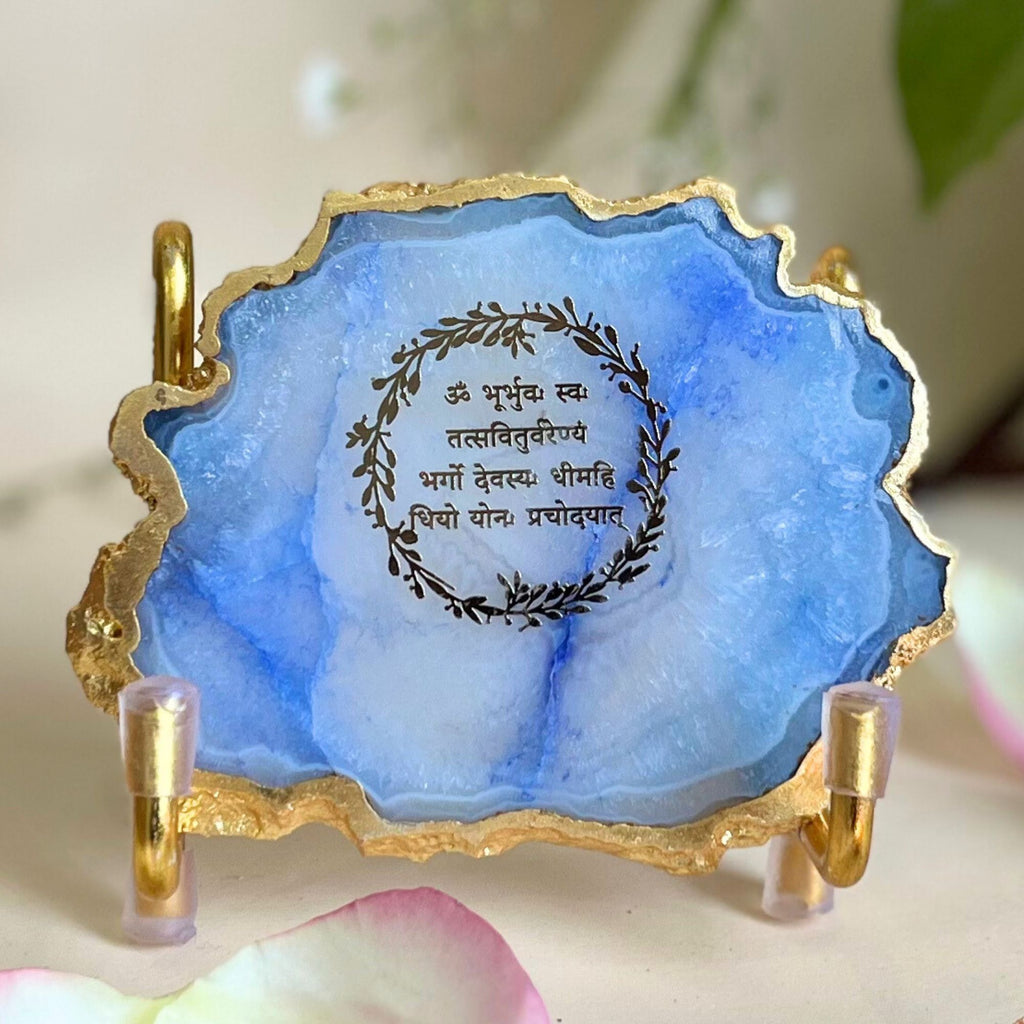 Gayatri Mantra Blue Agate Metal Stand
