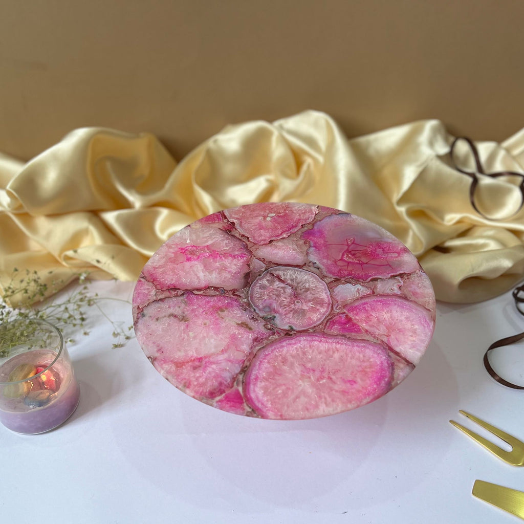 Pink Agate Cake Stand with Wooden Base - 10 Inches