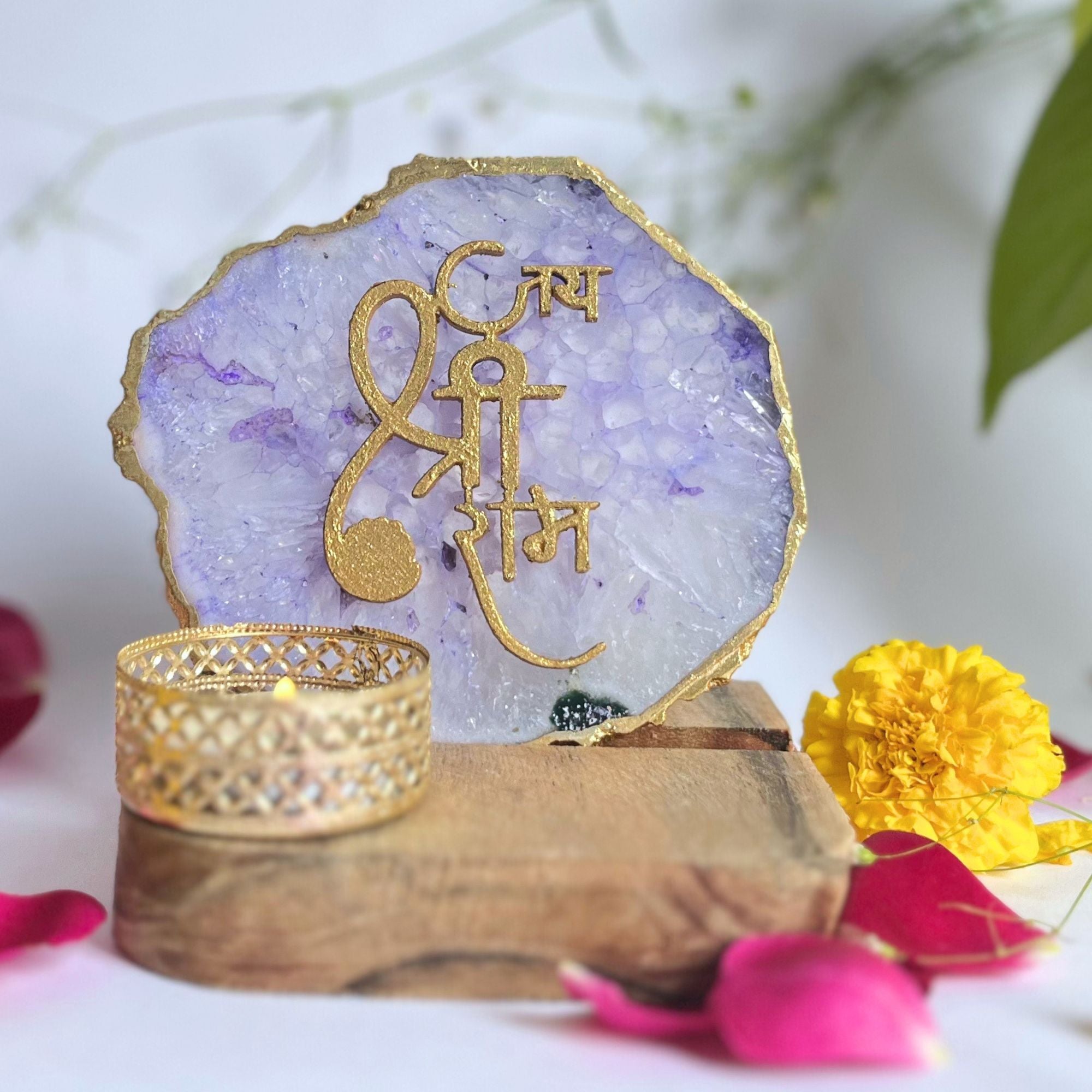 Jai Shree Ram Agate Tea Light Holder with Wood Stand